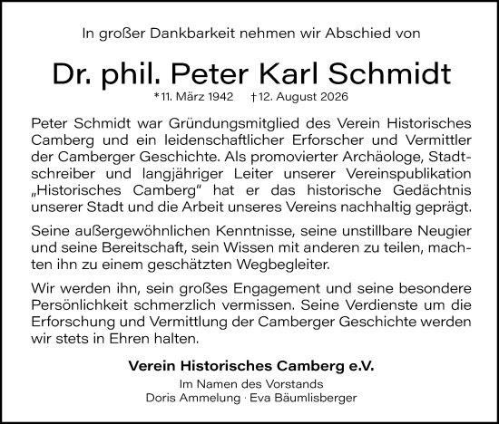 Traueranzeige von Peter Karl Schmidt von Camberger Anzeiger