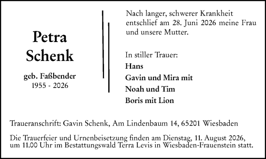 Traueranzeige von Petra Schenk von Wiesbadener Kurier