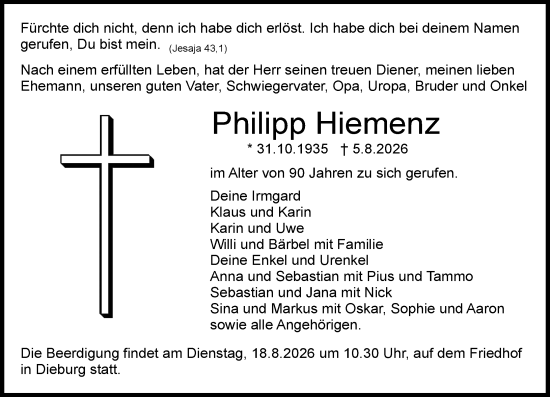 Traueranzeige von Philipp Hiemenz von Dieburger Anzeiger/Groß-Zimmerner Lokal-Anzeiger