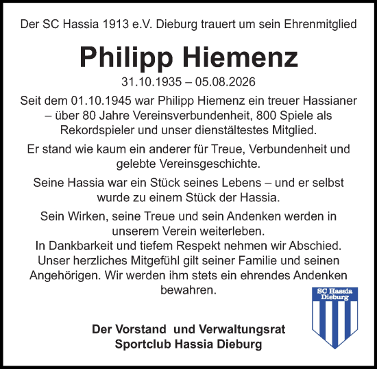 Traueranzeige von Philipp Hiemenz von Dieburger Anzeiger/Groß-Zimmerner Lokal-Anzeiger