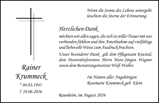 Traueranzeige von Rainer Krummeck von Rüsselsheimer Echo