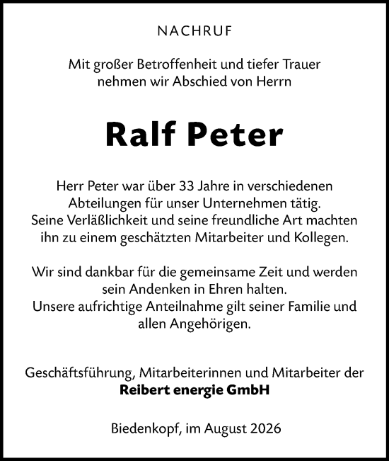 Traueranzeige von Ralf Peter von Hinterländer Anzeiger
