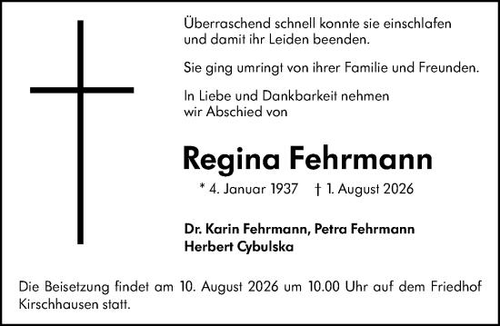 Traueranzeige von Regina Fehrmann von Starkenburger Echo