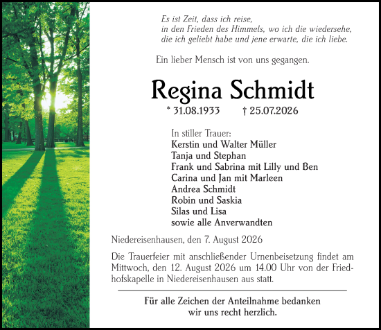 Traueranzeige von Regina Schmidt von Hinterländer Anzeiger