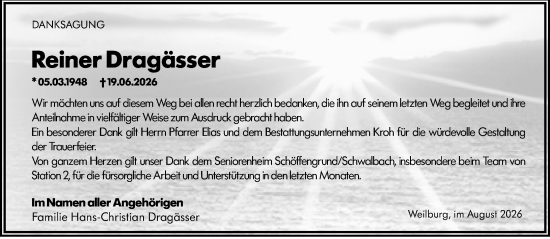 Traueranzeige von Reiner Dragässer von Weilburger Tageblatt