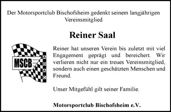 Traueranzeige von Reiner Saal von Rüsselsheimer Echo