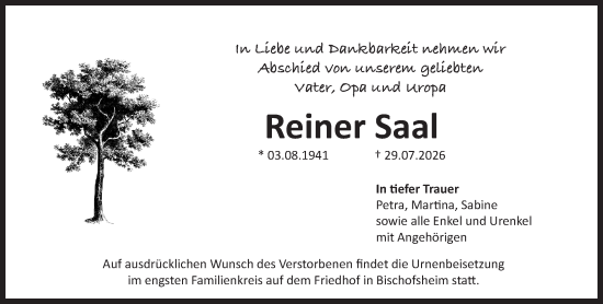 Traueranzeige von Reiner Saal von Rüsselsheimer Echo
