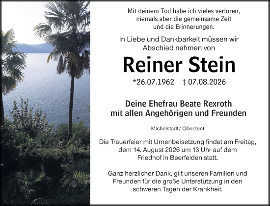 Traueranzeige von Reiner Stein von Odenwälder Echo