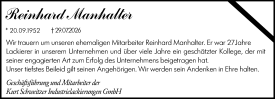 Traueranzeige von Reinhard Manhalter von Wetzlarer Neue Zeitung