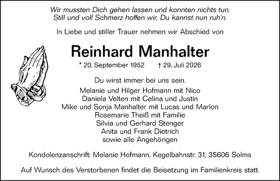 Traueranzeige von Reinhard Manhalter von Wetzlarer Neue Zeitung
