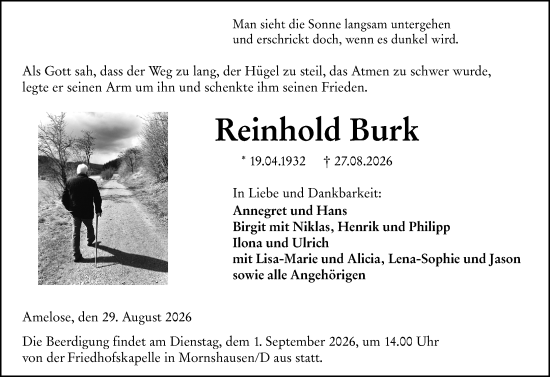 Traueranzeige von Reinhold Burk von Hinterländer Anzeiger