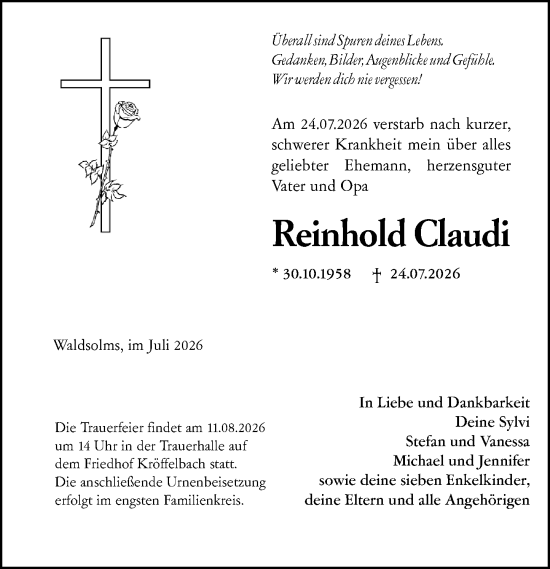Traueranzeige von Reinhold Claudi von Wetzlarer Neue Zeitung