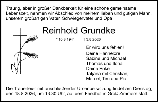 Traueranzeige von Reinhold Grundke von Dieburger Anzeiger/Groß-Zimmerner Lokal-Anzeiger