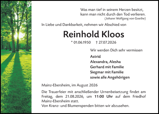 Traueranzeige von Reinhold Kloos von Allgemeine Zeitung Mainz