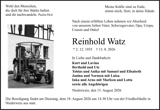 Traueranzeige von Reinhold Watz von Wetzlarer Neue Zeitung