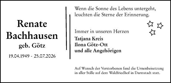 Traueranzeige von Renate Bachhausen von Darmstädter Echo