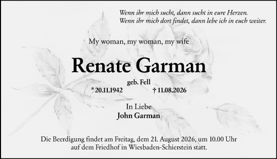 Traueranzeige von Renate Garman von Wiesbadener Kurier