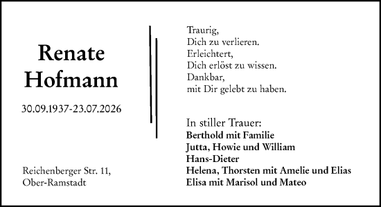 Traueranzeige von Renate Hofmann von Darmstädter Echo