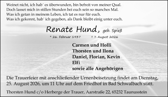 Traueranzeige von Renate Hund von Idsteiner Land/Untertaunus