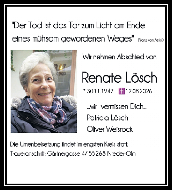 Traueranzeige von Renate Lösch von Allgemeine Zeitung Mainz