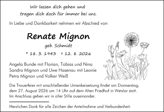 Traueranzeige von Renate Mignon von Wetzlarer Neue Zeitung