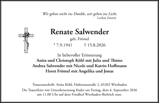 Traueranzeige von Renate Salwender von Wiesbadener Kurier