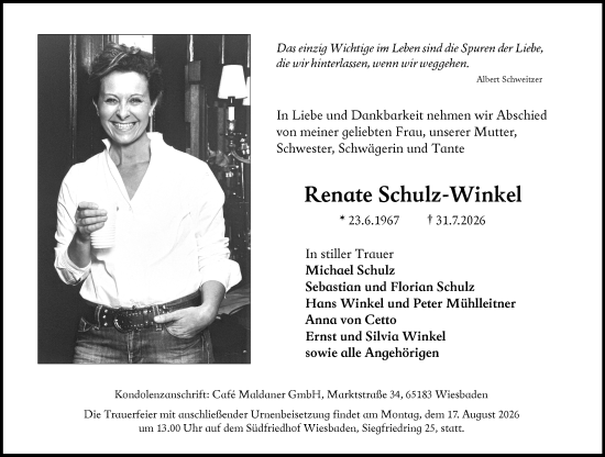 Traueranzeige von Renate Schulz-Winkel von Wiesbadener Kurier