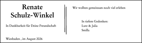 Traueranzeige von Renate Schulz-Winkel von Wiesbadener Kurier