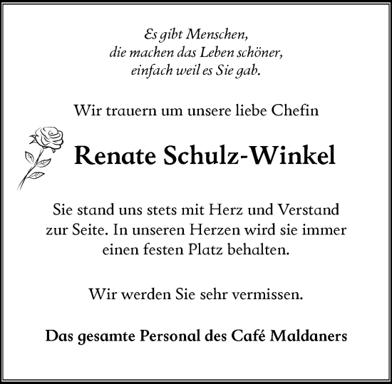 Traueranzeige von Renate Schulz-Winkel von Wiesbadener Kurier