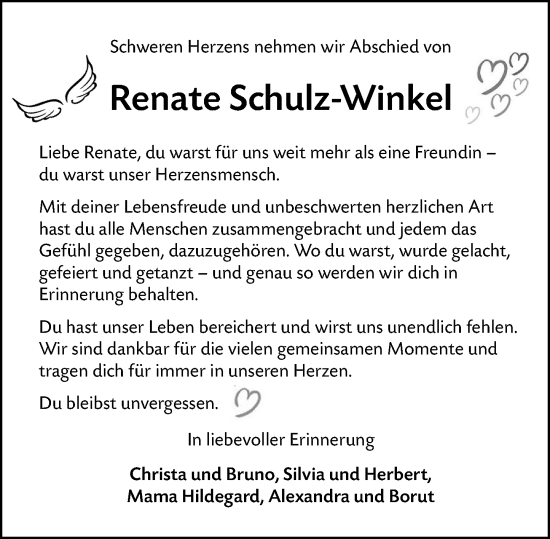 Traueranzeige von Renate Schulz-Winkel von Wiesbadener Kurier