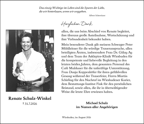 Traueranzeige von Renate Schulz-Winkel von Wiesbadener Kurier