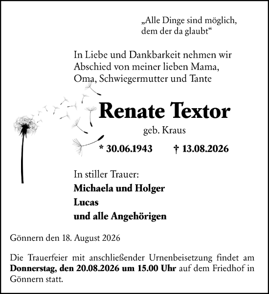 Traueranzeige von Renate Textor von Hinterländer Anzeiger