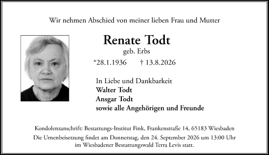Traueranzeige von Renate Todt von Wiesbadener Kurier