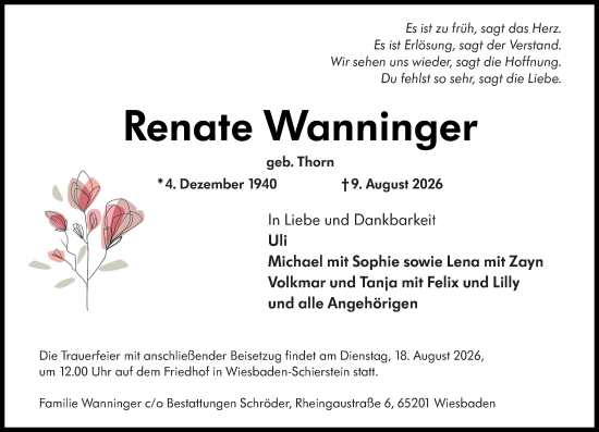 Traueranzeige von Renate Wanninger von Wiesbadener Kurier