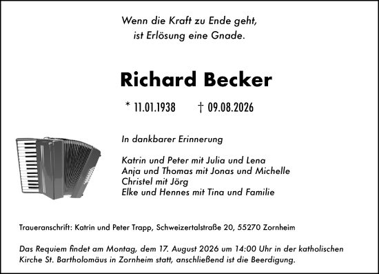 Traueranzeige von Richard Becker von Allgemeine Zeitung Mainz