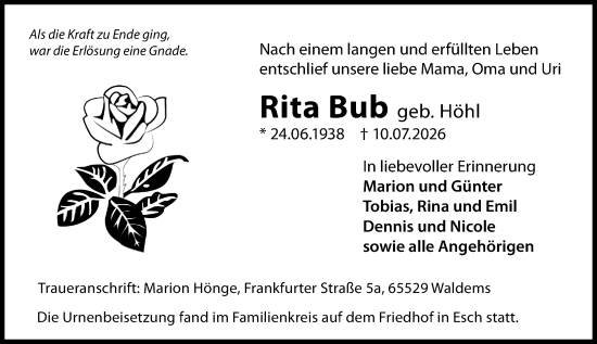 Traueranzeige von Rita Bub von Camberger Anzeiger