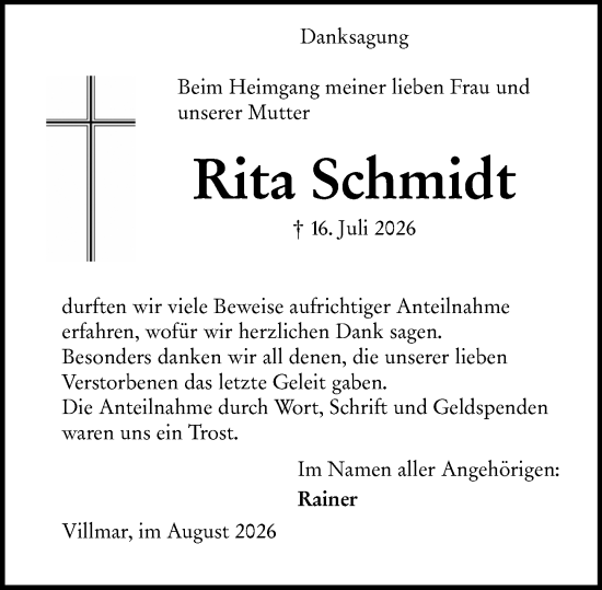 Traueranzeige von Rita Schmidt von Nassauische Neue Presse