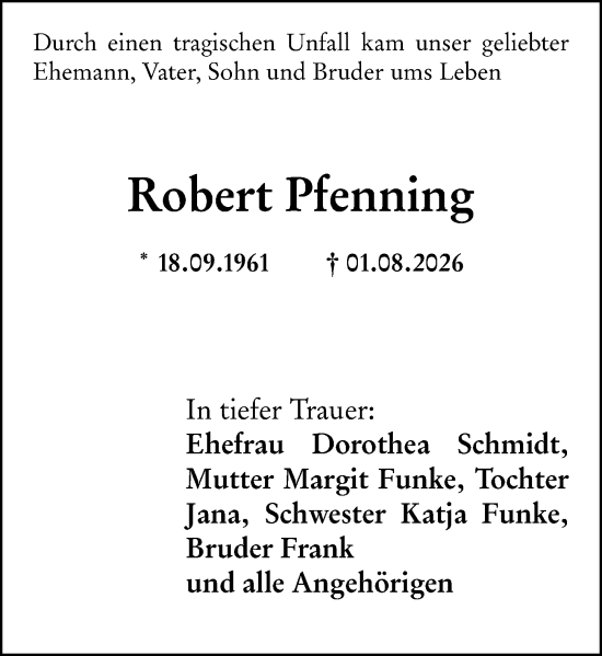 Traueranzeige von Robert Pfenning von Mainspitze Wochenblatt
