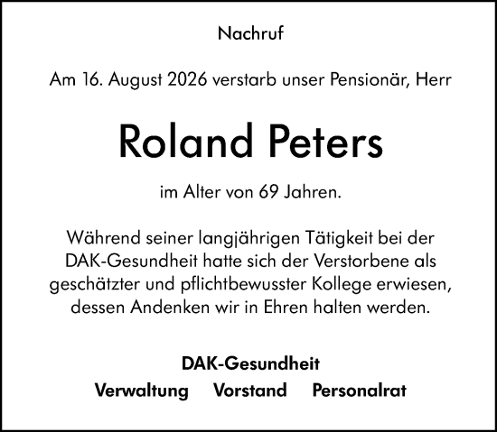 Traueranzeige von Roland Peters von Allgemeine Zeitung Mainz