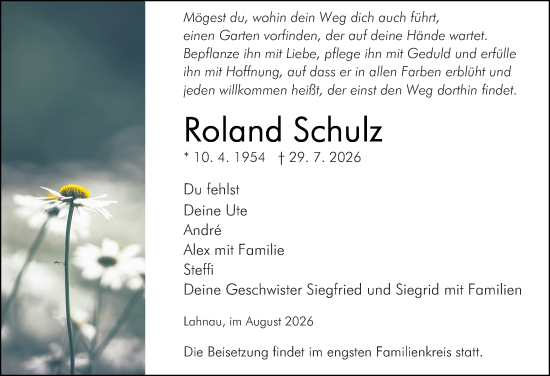 Traueranzeige von Roland Schulz von Wetzlarer Neue Zeitung