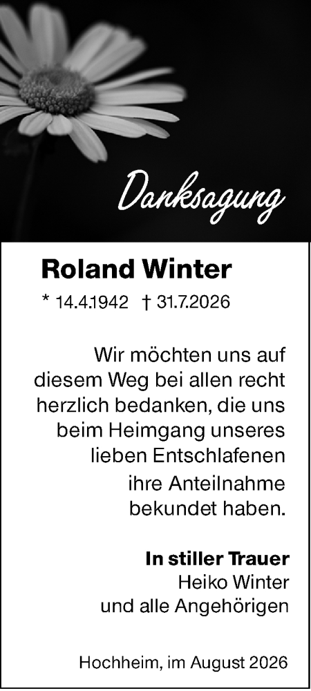 Traueranzeige von Roland Winter von Hochheimer Zeitung