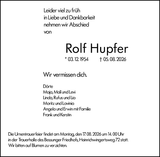 Traueranzeige von Rolf Hupfer von Darmstädter Echo