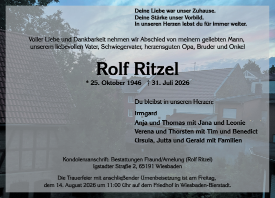 Traueranzeige von Rolf Ritzel von Wiesbadener Kurier
