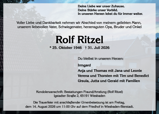 Traueranzeige von Rolf Ritzel von Wiesbadener Kurier