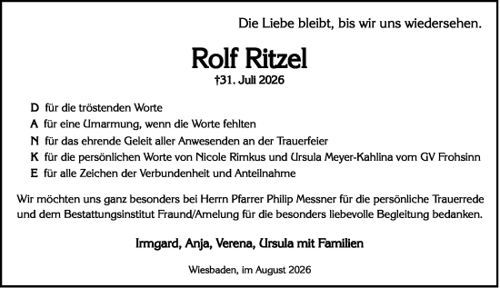 Traueranzeige von Rolf Ritzel von Wiesbadener Kurier