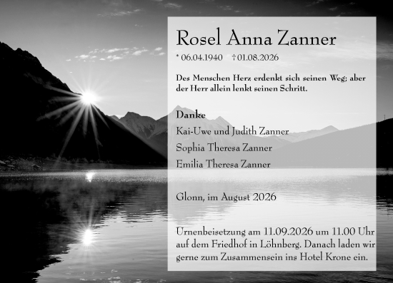 Traueranzeige von Rosel Anna Zanner von Weilburger Tageblatt