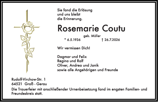 Traueranzeige von Rosemarie Coutu von Groß-Gerauer Echo