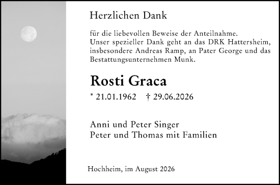 Traueranzeige von Rosti Graca von Hochheimer Zeitung