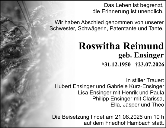 Traueranzeige von Roswitha Reimund von Starkenburger Echo