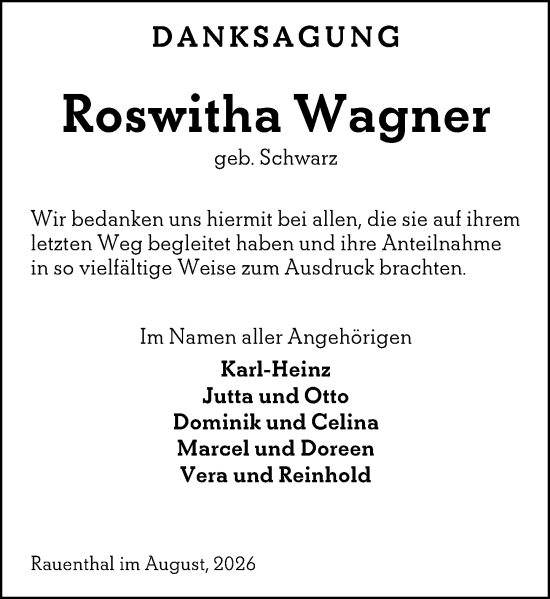 Traueranzeige von Roswitha Wagner von Wiesbadener Kurier